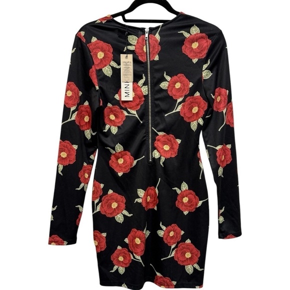 MinkPink Women’s Black Floral Long Sleeve Mini Dress Fall Size Medium - Picture 2 of 7